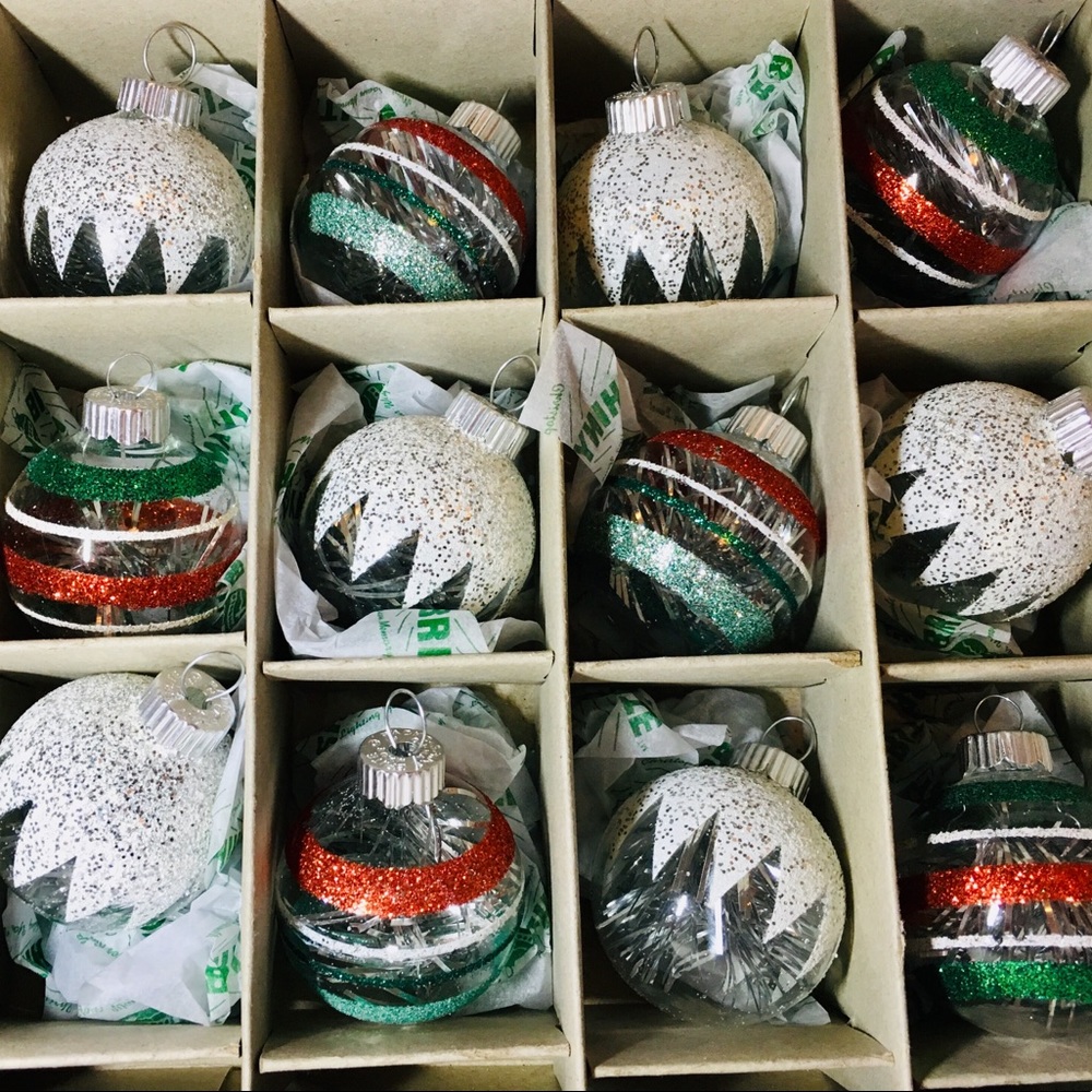 12 Christmas Radko Clear Glass Ball Ornaments Tinsel & Snow Glitter Stripes - Picture 9 of 9